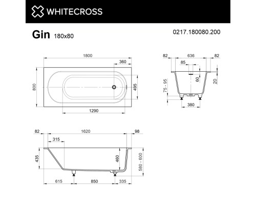 Ванна из искусственного камня Whitecross Gin 180x80 белый матовый