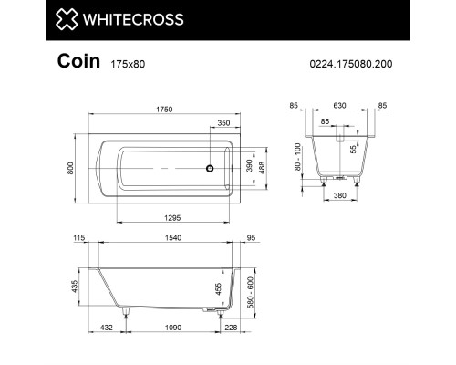 Ванна WHITECROSS Coin 175x80 (белый мат) иск. камень