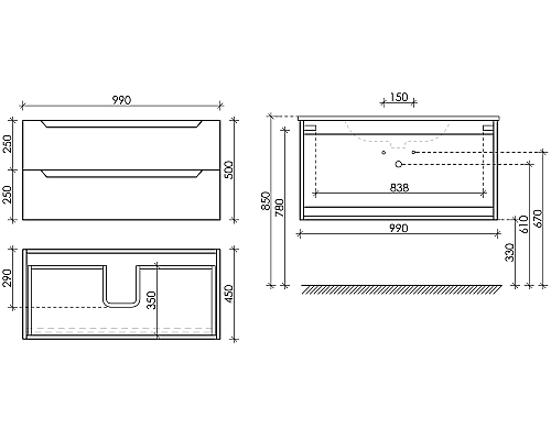 Тумба под раковину SANCOS Norma 2.0 990х450х500, c двумя ящиками, белый глянец