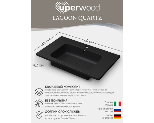 Раковина для ванной кварцевая Uperwood Lagoon Quartz 80х48х14,2 см, черная матовая, уголь