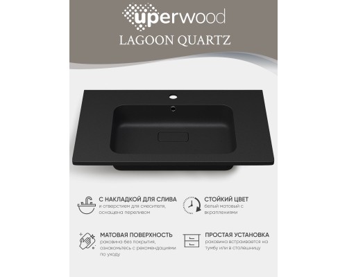 Раковина для ванной кварцевая Uperwood Lagoon Quartz 80х48х14,2 см, черная матовая, уголь