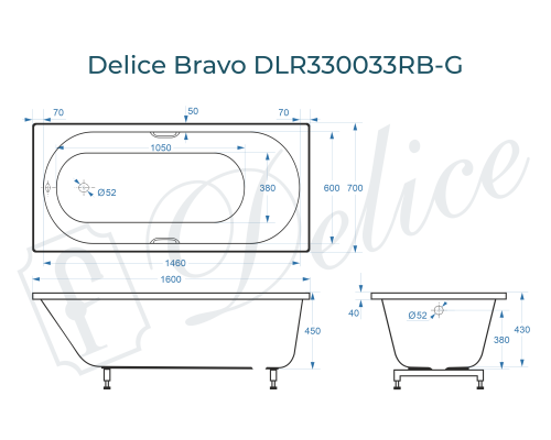 Ванна из литьевого мрамора Delice Bravo 160х70 глянцевая с черными ручками