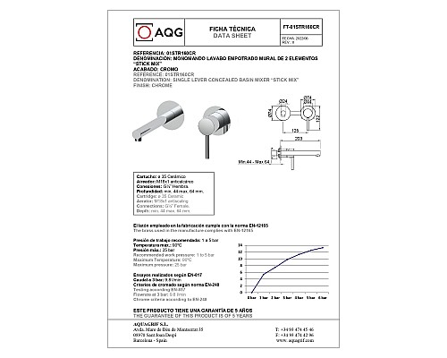 Встраиваемый в стену однорычажный смеситель для раковины AQG Stick, хром