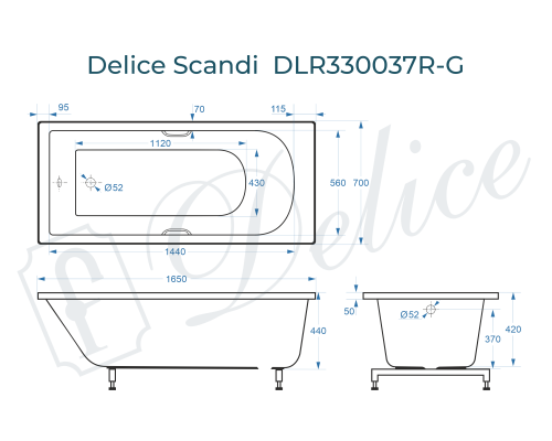 Ванна из литьевого мрамора Delice Scandi 165х70 глянцевая с ручками Хром