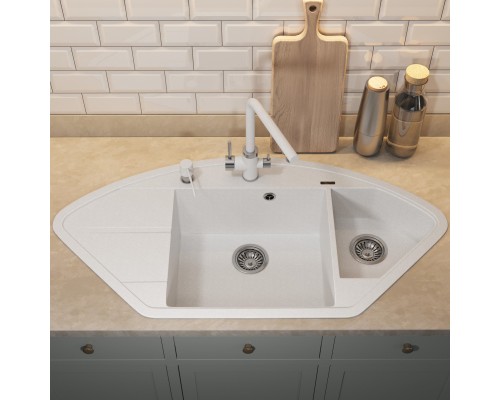 Кухонная мойка кварцевая Uperwood Quartz UPD-06-01, угловая двухсекционная, белая