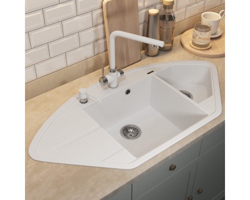 Кухонная мойка кварцевая Uperwood Quartz UPD-06-01, угловая двухсекционная, белая