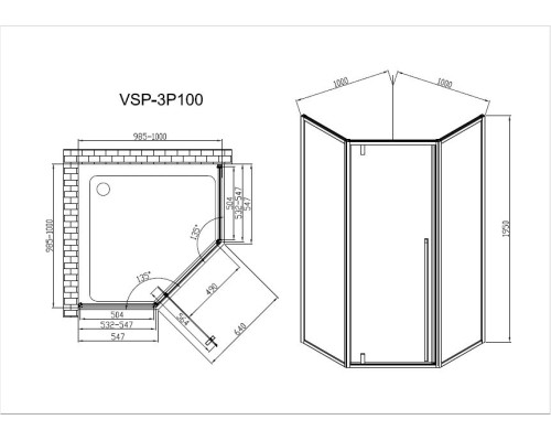 Душевой уголок Vincea Penta VSP-3P10CLGM, 100x100, вороненая сталь, стекло прозрачное