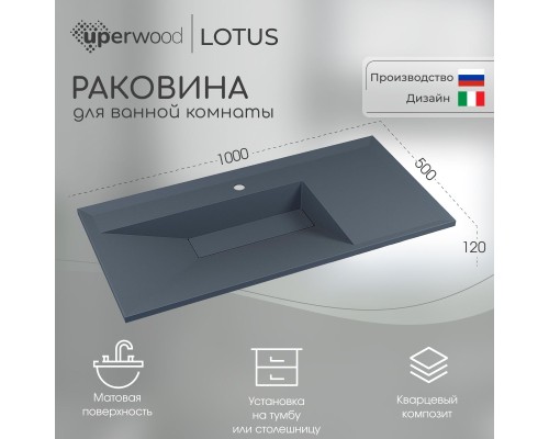 Раковина для ванной кварцевая Uperwood Lotus Quartz 100х50х13 см, серая матовая, бетон