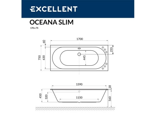 Ванна гидромассажная EXCELLENT Oceana Slim 170x75 NANO золото