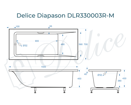 Ванна из литьевого мрамора Delice Diapason 150х70 матовая с ручками Хром