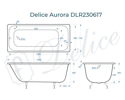 Чугунная ванна Delice Aurora 140x70 без отверстий под ручки и антискользящего покрытия