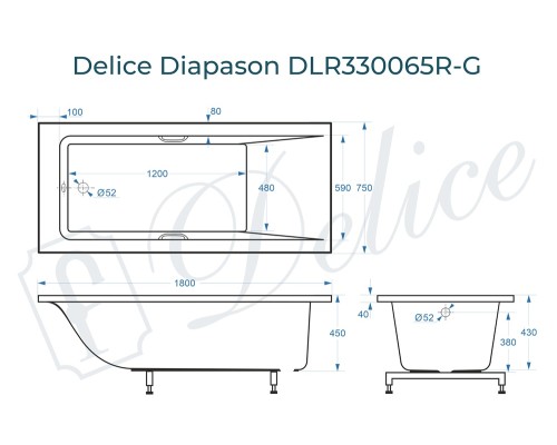 Ванна из литьевого мрамора Delice Diapason 180х75 глянцевая с ручками Хром