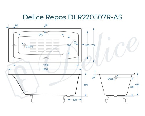 Ванна чугунная Delice Repos 150х70 с черными матовыми ручками и антискользящим покрытием