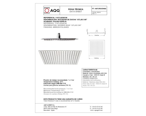 Верхний душ AQG Atlas C 400 мм, хром
