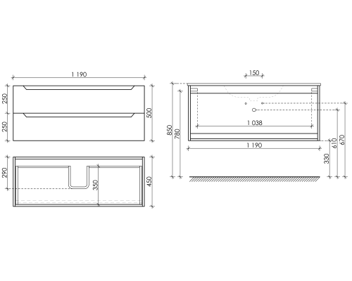 Тумба под раковину SANCOS Norma 2.0 1190х450х500, c двумя ящиками, белый глянец