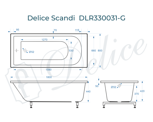 Ванна из литьевого мрамора Delice Scandi 180х80 глянцевая