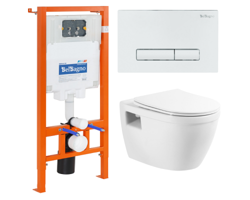 Комплект унитаза с инсталляцией BelBagno Loto BB070CHR/SC/BB002-80/BB018-GV-BIANCO с сиденьем Микролифт и Белой клавишей смыва