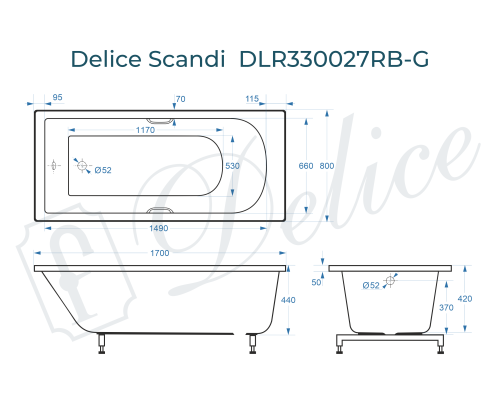 Ванна из литьевого мрамора Delice Scandi 170х80 глянцевая с черными ручками