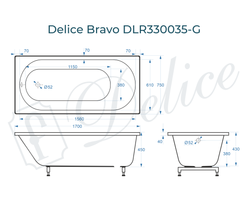 Ванна из литьевого мрамора Delice Bravo 170х75 глянцевая