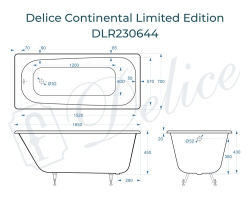 Ванна чугунная Delice Continental Limited Edition 165х70