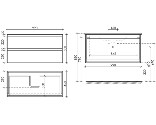 Тумба под раковину SANCOS Cento 990х450х500, c двумя ящиками, белый глянец
