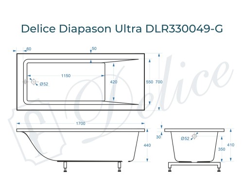 Ванна из литьевого мрамора Delice Diapason Ultra с узким бортом 170х70 глянцевая