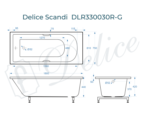 Ванна из литьевого мрамора Delice Scandi 180х75 глянцевая с ручками Хром