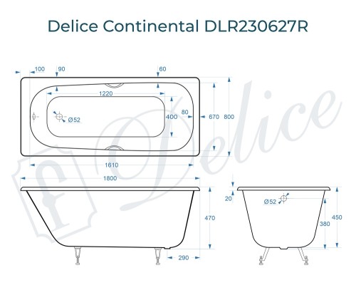 Ванна чугунная Delice Continental 180х80 с отверстиями под ручки