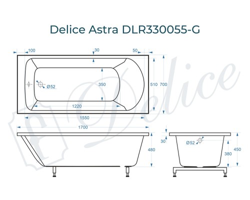 Ванна из литьевого мрамора Delice Astra 170х70 глянцевая