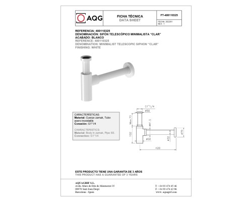 Круглый сифон AQG CLAR 1”1/4 из латуни, белый матовый