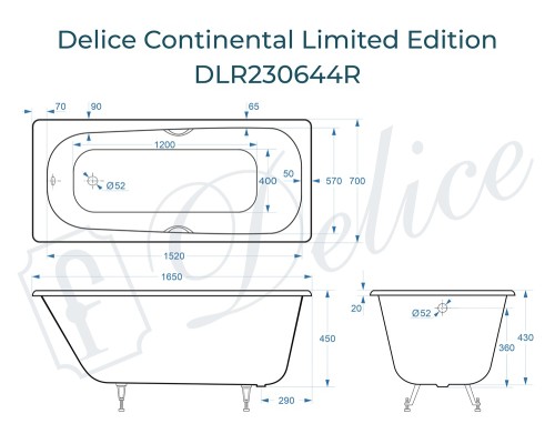 Ванна чугунная Delice Continental Limited Edition 165х70 с отверстиями под ручки