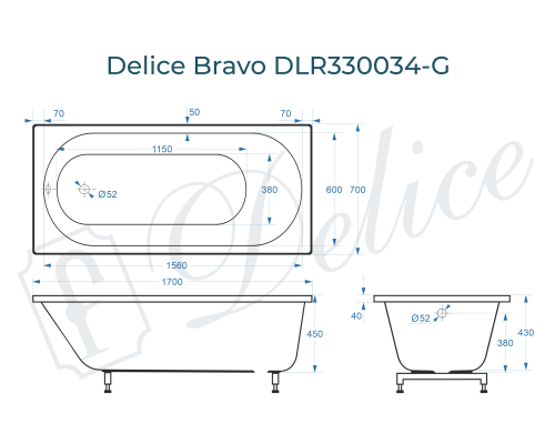 Ванна из литьевого мрамора Delice Bravo 170х70 глянцевая