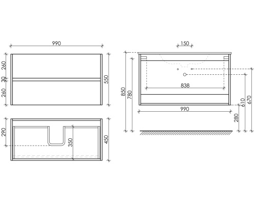 Тумба под раковину SANCOS Urban 990х450х550, c двумя ящиками, белый глянец