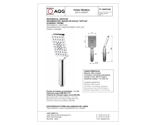 Ручной душ антикальцевый AQG NITE SQ 110х80мм, 2х режимный, хром