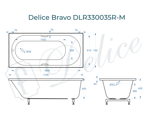 Ванна из литьевого мрамора Delice Bravo 170х75 матовая с ручками Хром