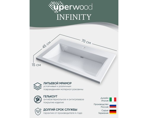 Раковина для ванной 70 см, Uperwood Infinity, белая глянцевая