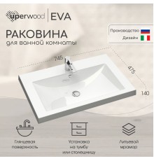 Раковина для ванной 75 см, Uperwood Eva, белая глянцевая