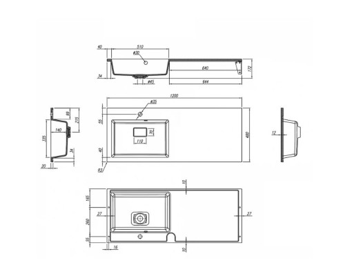 Раковина над стиральной машиной 120 см, Uperwood Cosmos, левая, крыло справа, белый глянец