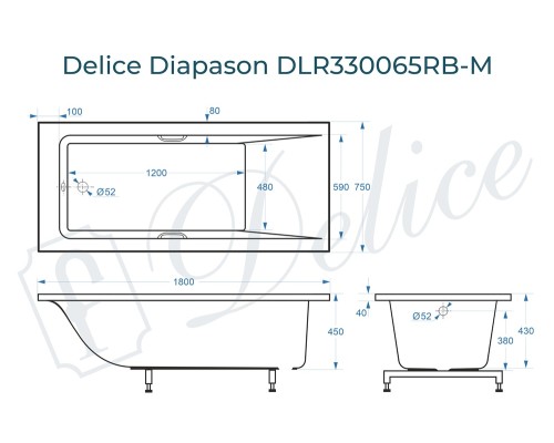 Ванна из литьевого мрамора Delice Diapason 180х75 матовая с черными ручками