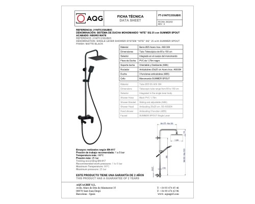 Душевая система AQG WIND BLU SQ, со складным изливом и верхним душем черный матовый
