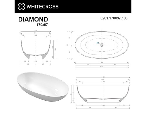 Ванна из искусственного камня Whitecross Diamond 170x87 белый глянец Ванна из искусственного камня Whitecross Diamond 170x87 белый глянец