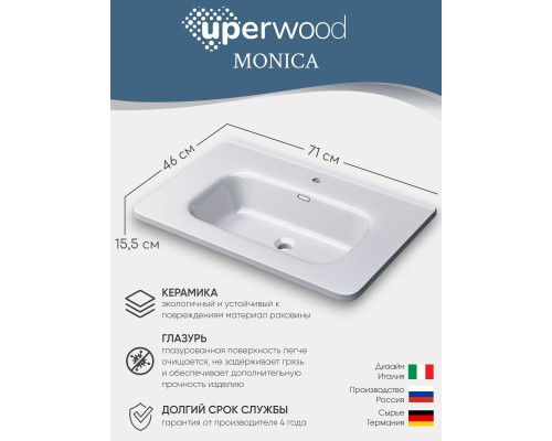Раковина для ванной 70 см, Uperwood Monica, белая глянцевая