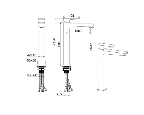 Смеситель для раковины высокий Wonzon&Woghand, Темный графит