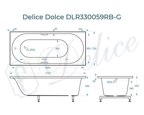 Ванна из литьевого мрамора Delice Dolce 170х75 глянцевая с черными ручками