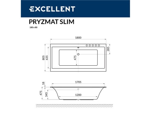 Ванна гидромассажная EXCELLENT Pryzmat Slim 180x80 NANO золото