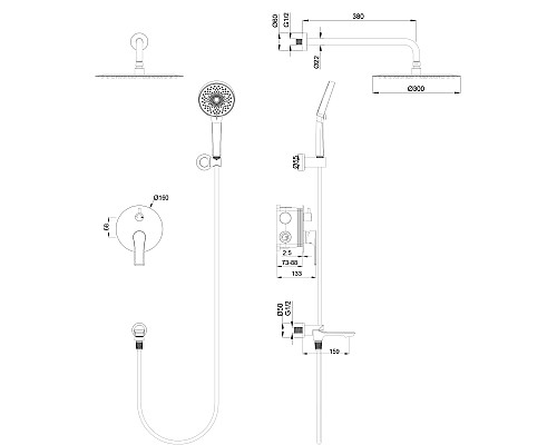 Душевая система встраиваемая Wonzon&Woghand BRILLIANT, Черный матовый WW-88939079-MB