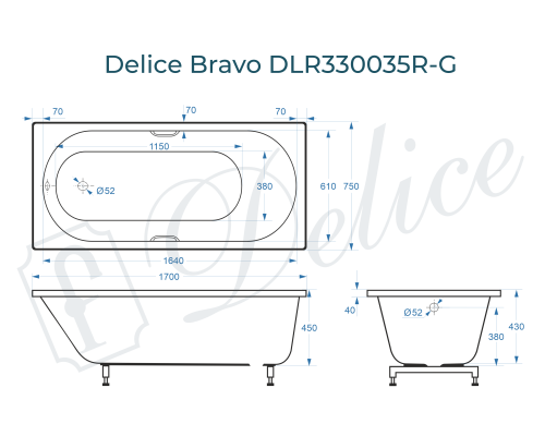 Ванна из литьевого мрамора Delice Bravo 170х75 глянцевая с ручками Хром
