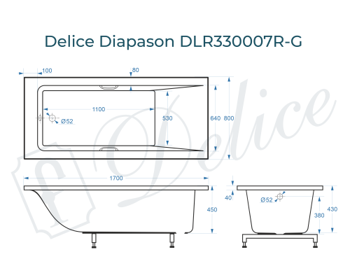 Ванна из литьевого мрамора Delice Diapason 170х80 глянцевая с ручками Хром