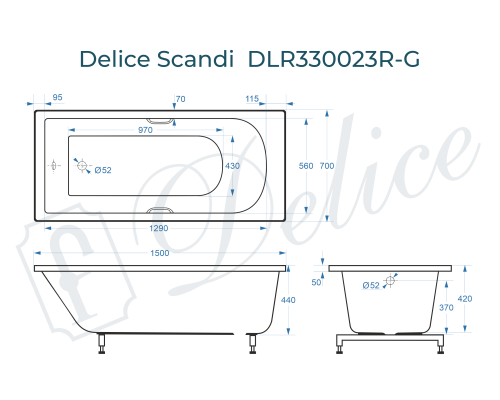Ванна из литьевого мрамора Delice Scandi 150х70 глянцевая с ручками Хром