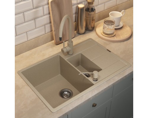 Кухонная мойка кварцевая Uperwood Quartz UPD-05-02, прямоугольная двухсекционная, бежевая